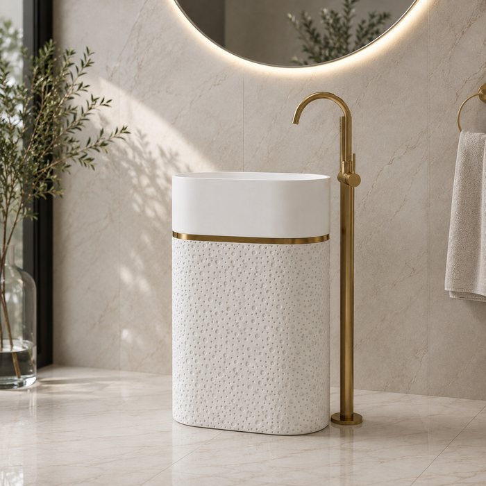 Luxury Artificial Pedestal Basin with Gold Accent | Designer Freestanding Wash Basin | 21 × 15 × 36 In White