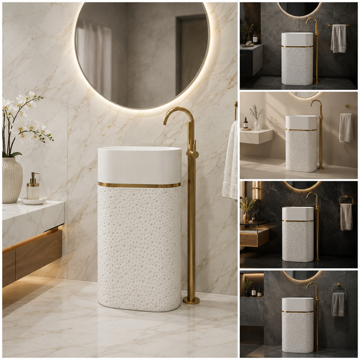 Luxury Artificial Pedestal Basin with Gold Accent | Designer Freestanding Wash Basin | 21 × 15 × 36 In White