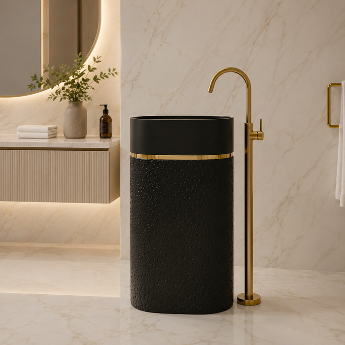 Luxury Artificial Pedestal Basin with Gold Accent | Designer Freestanding Wash Basin | 21 × 15 × 36 In Black