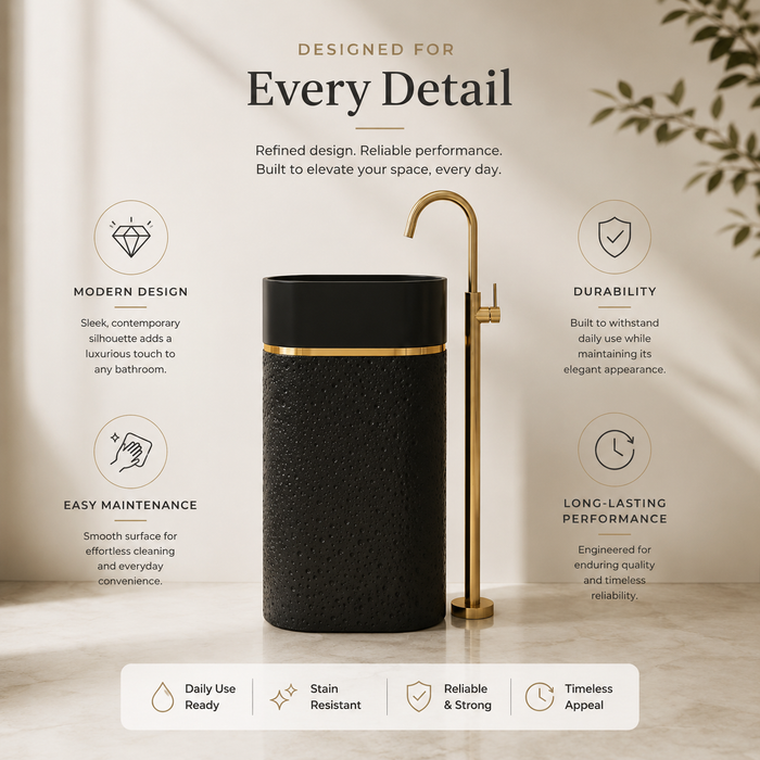 Luxury Artificial Pedestal Basin with Gold Accent | Designer Freestanding Wash Basin | 21 × 15 × 36 In Black