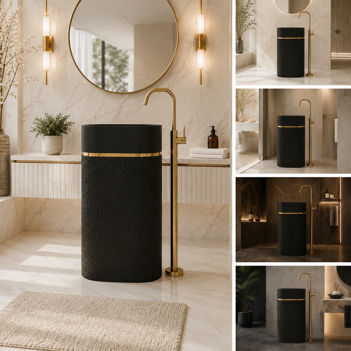 Luxury Artificial Pedestal Basin with Gold Accent | Designer Freestanding Wash Basin | 21 × 15 × 36 In Black