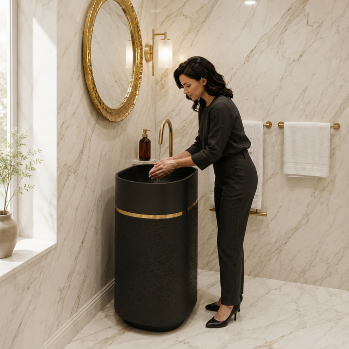 Luxury Artificial Pedestal Basin with Gold Accent | Designer Freestanding Wash Basin | 21 × 15 × 36 In Black