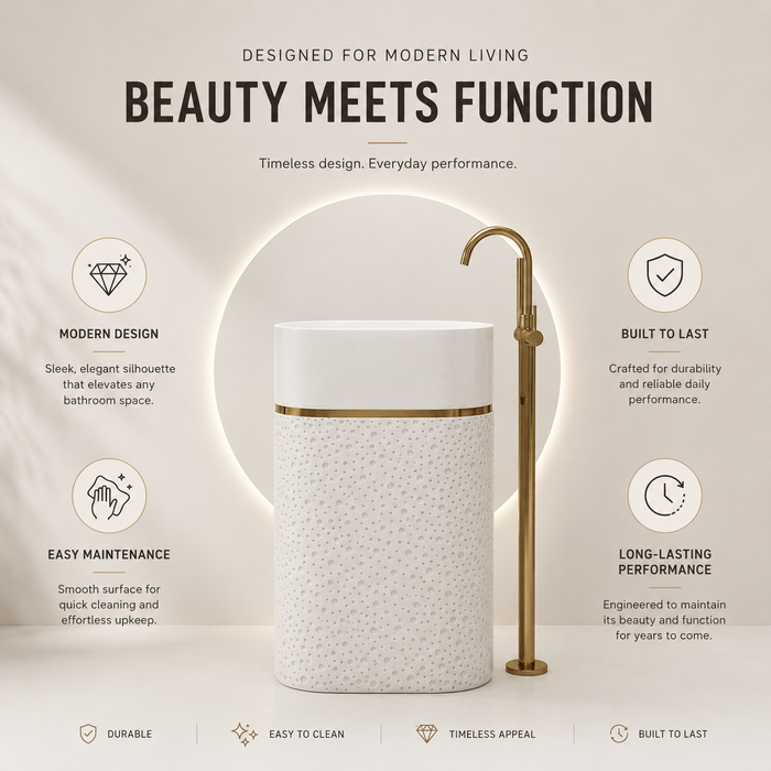 Luxury Artificial Pedestal Basin with Gold Accent | Designer Freestanding Wash Basin | 21 × 15 × 36 In White