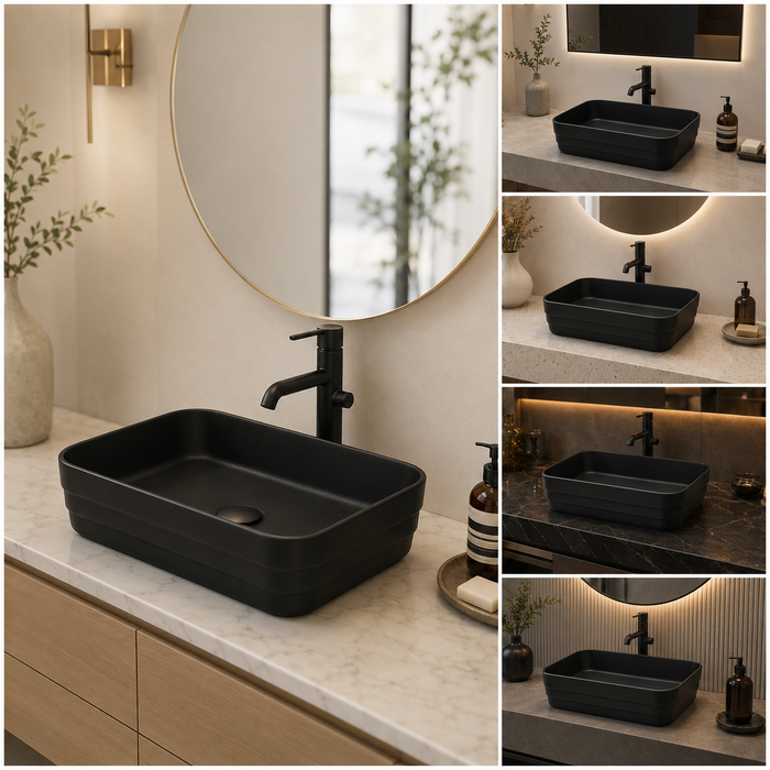 Rectangular Countertop Wash Basin | 20 × 14 × 5 Inches Designer Bathroom Sink – Matte Finish Black