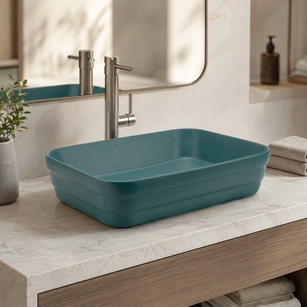 Rectangular Countertop Wash Basin | 20 × 14 × 5 Inches Designer Bathroom Sink – Glossy & Matte Finish Aqua Blue