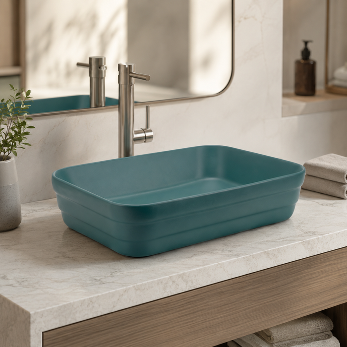 Rectangular Countertop Wash Basin | 20 × 14 × 5 Inches Designer Bathroom Sink – Glossy & Matte Finish Aqua Blue