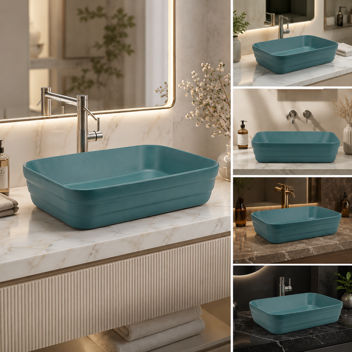 Rectangular Countertop Wash Basin | 20 × 14 × 5 Inches Designer Bathroom Sink – Glossy & Matte Finish Aqua Blue