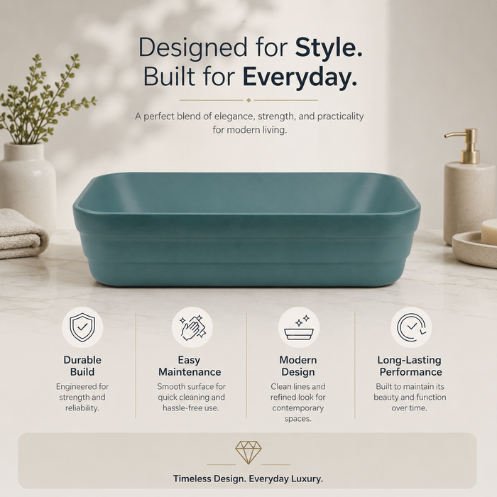 Rectangular Countertop Wash Basin | 20 × 14 × 5 Inches Designer Bathroom Sink – Glossy & Matte Finish Aqua Blue