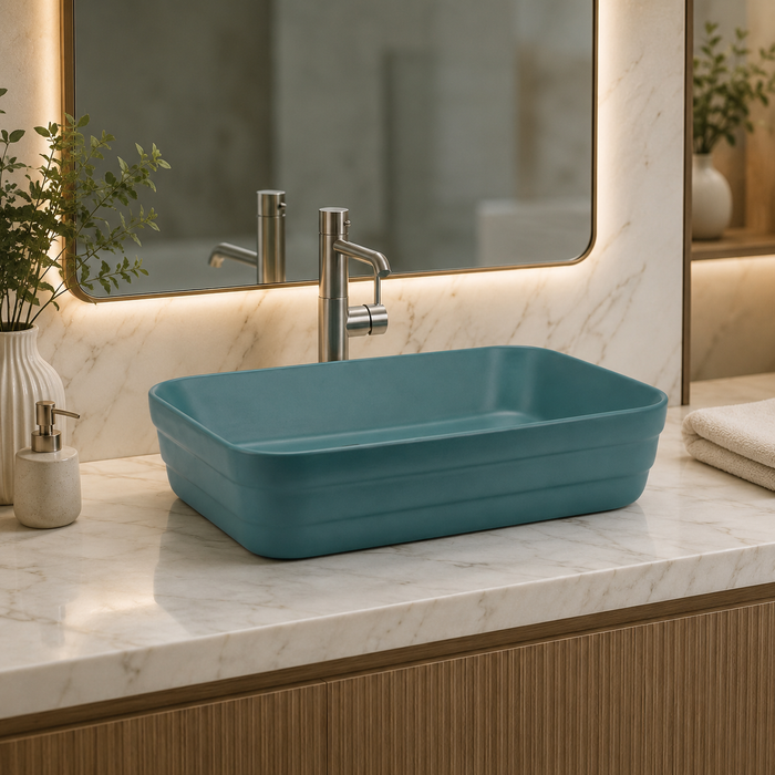 Rectangular Countertop Wash Basin | 20 × 14 × 5 Inches Designer Bathroom Sink – Glossy & Matte Finish Aqua Blue