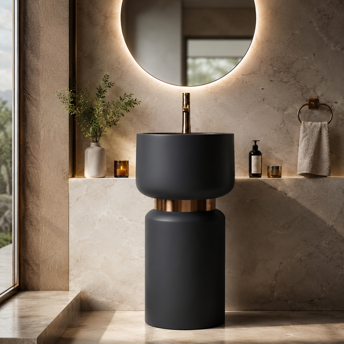 Artificial Stone Pedestal Basin – Designer Floor Mounted Wash Basin with Tap Hole | 16x16x34 Inch Black