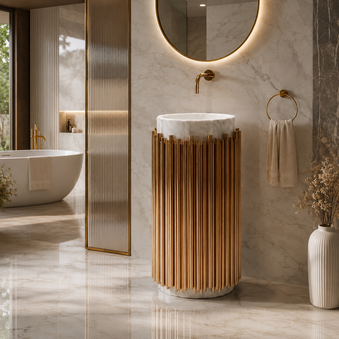 BASSINO Royal Fluted Black & Brushed Gold Pedestal Basin White