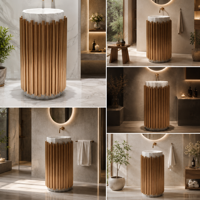 BASSINO Royal Fluted Black & Brushed Gold Pedestal Basin White