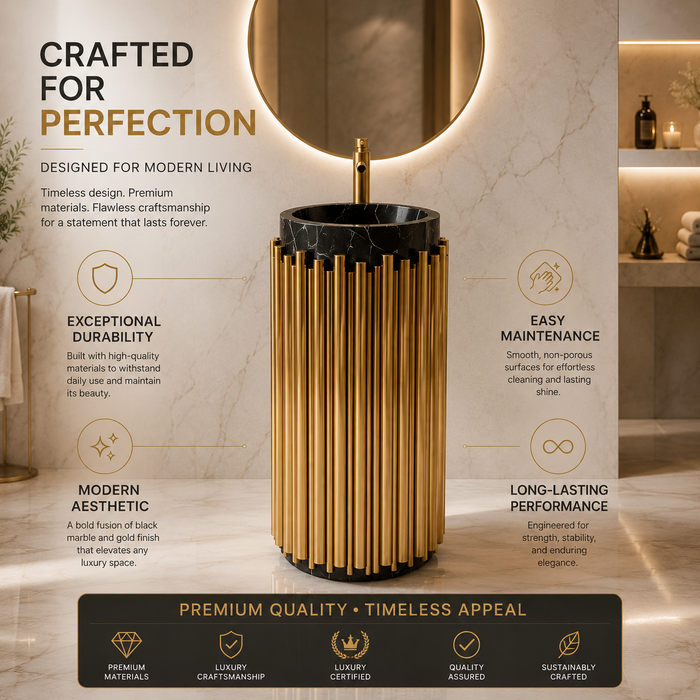 BASSINO Royal Fluted Black & Brushed Gold Pedestal Basin Black