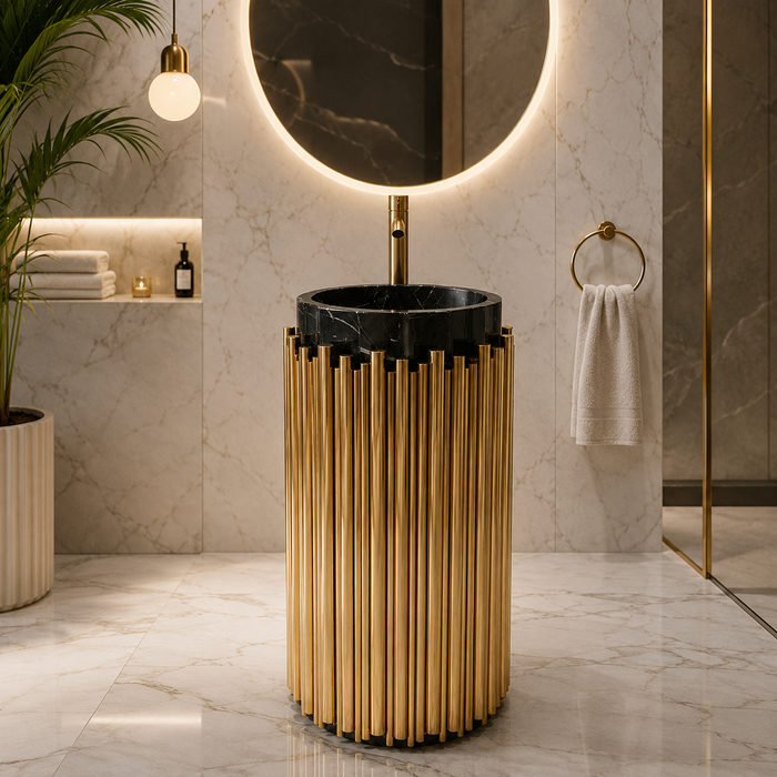 BASSINO Royal Fluted Black & Brushed Gold Pedestal Basin Black