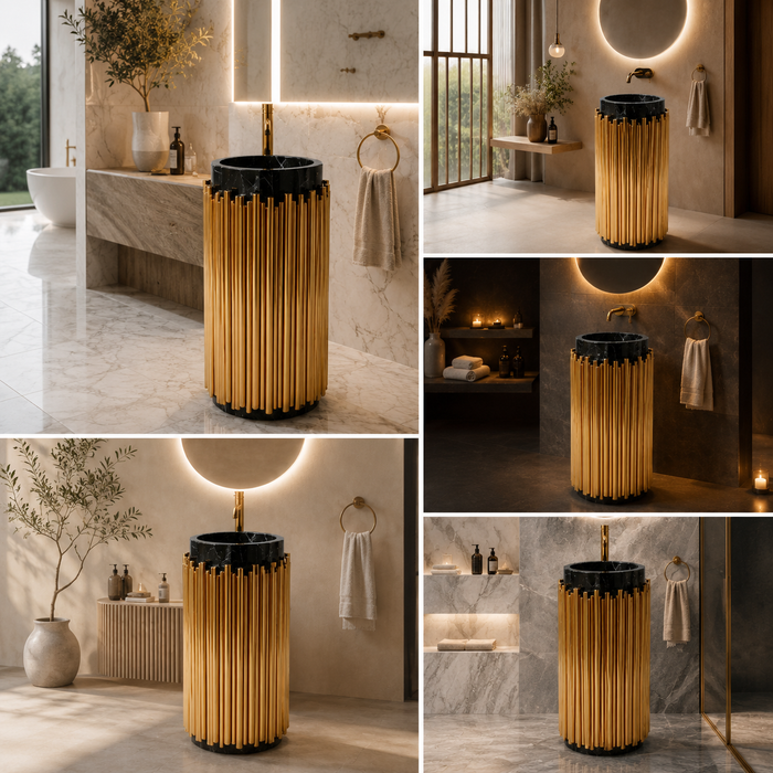 BASSINO Royal Fluted Black & Brushed Gold Pedestal Basin Black