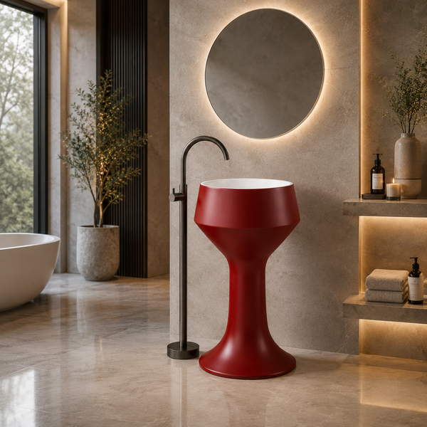 Luxury Pedestal Wash Basin | Designer Artificial Stone Freestanding Basin – Matte Finish 16″ × 16″ × 34″ In Red