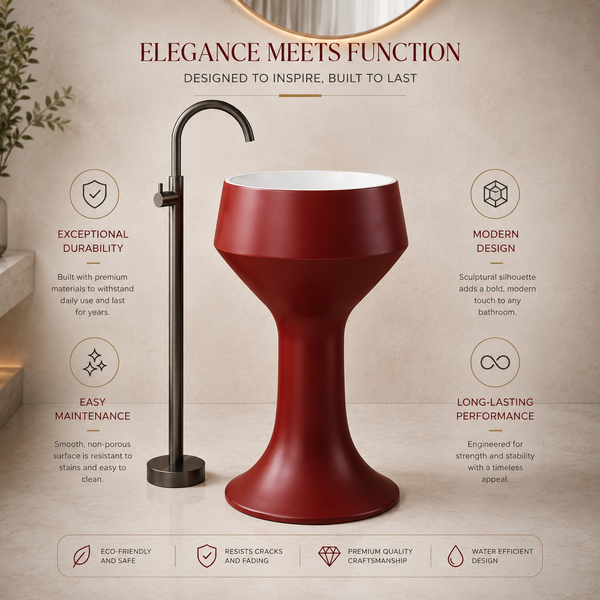 Luxury Pedestal Wash Basin | Designer Artificial Stone Freestanding Basin – Matte Finish 16″ × 16″ × 34″ In Red