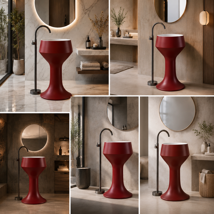 Luxury Pedestal Wash Basin | Designer Artificial Stone Freestanding Basin – Matte Finish 16″ × 16″ × 34″ In Red
