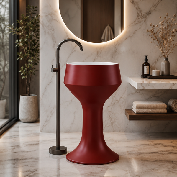 Luxury Pedestal Wash Basin | Designer Artificial Stone Freestanding Basin – Matte Finish 16″ × 16″ × 34″ In Red