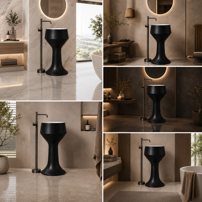 Luxury Pedestal Wash Basin | Designer Artificial Stone Freestanding Basin – Matte Finish 16″ × 16″ × 34″ In Black