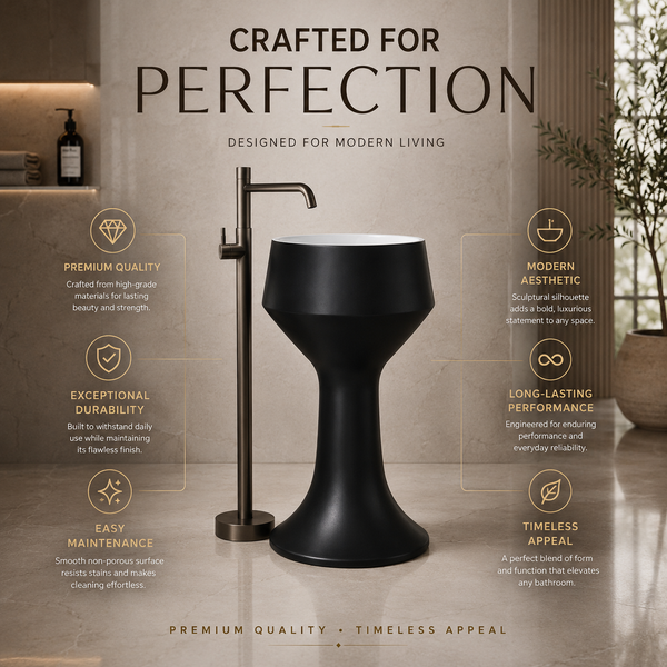 Luxury Pedestal Wash Basin | Designer Artificial Stone Freestanding Basin – Matte Finish 16″ × 16″ × 34″ In Black
