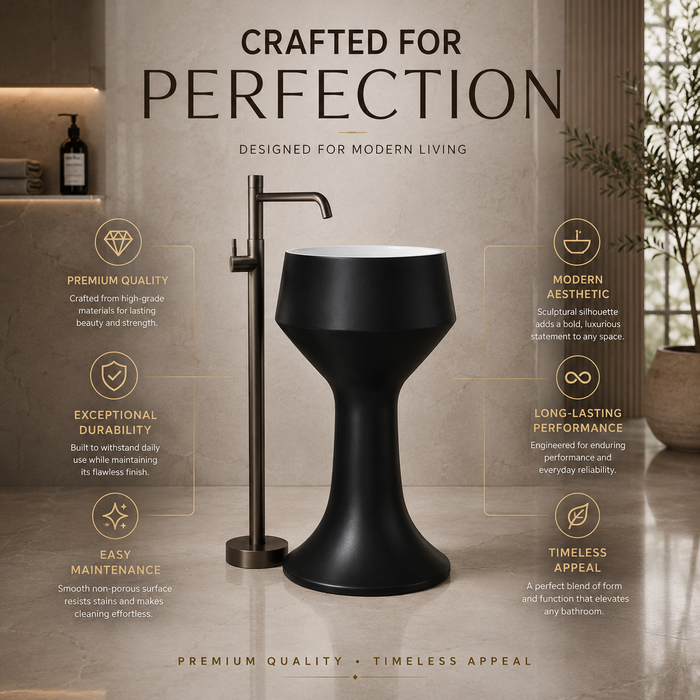 Luxury Pedestal Wash Basin | Designer Artificial Stone Freestanding Basin – Matte Finish 16″ × 16″ × 34″ In Black