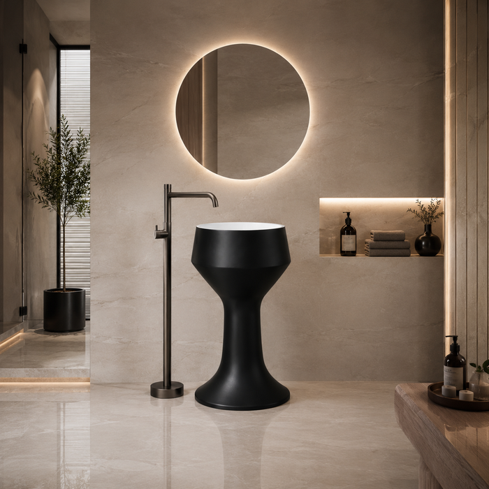 Luxury Pedestal Wash Basin | Designer Artificial Stone Freestanding Basin – Matte Finish 16″ × 16″ × 34″ In Black