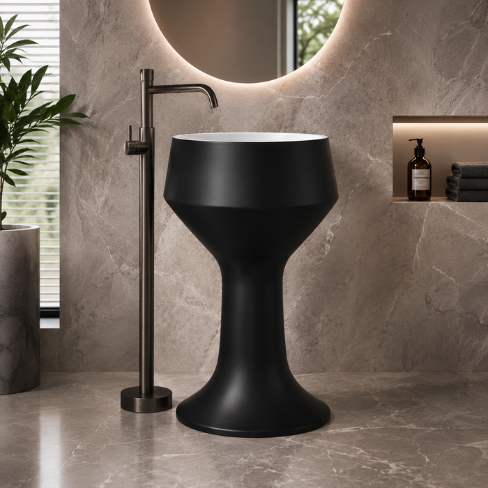 Luxury Pedestal Wash Basin | Designer Artificial Stone Freestanding Basin – Matte Finish 16″ × 16″ × 34″ In Black
