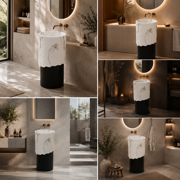 Bassino Artificial Stone Pedestal Basin | Size- 16×16×36 Inch | Black