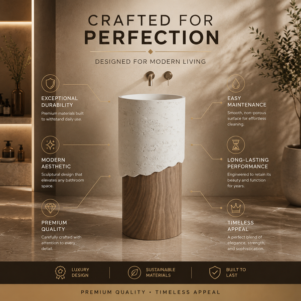 Bassino Artificial Stone Pedestal Basin | Size- 16×16×36 Inch | Wood