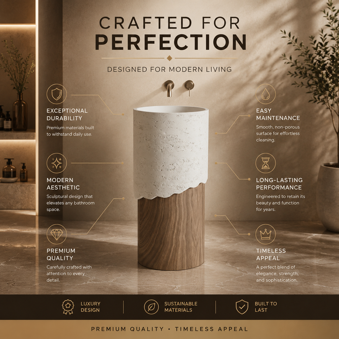 Bassino Artificial Stone Pedestal Basin | Size- 16×16×36 Inch | Wood