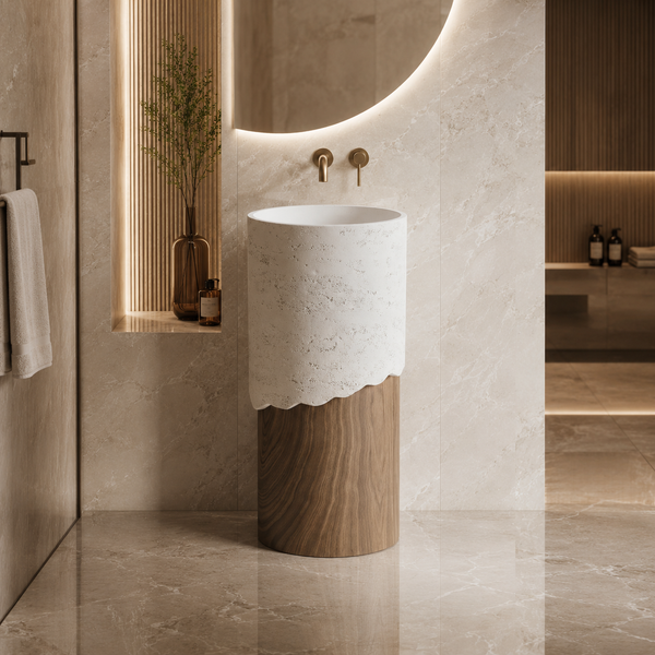 Bassino Artificial Stone Pedestal Basin | Size- 16×16×36 Inch | Wood