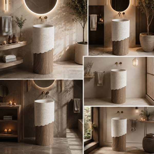 Bassino Artificial Stone Pedestal Basin | Size- 16×16×36 Inch | Wood