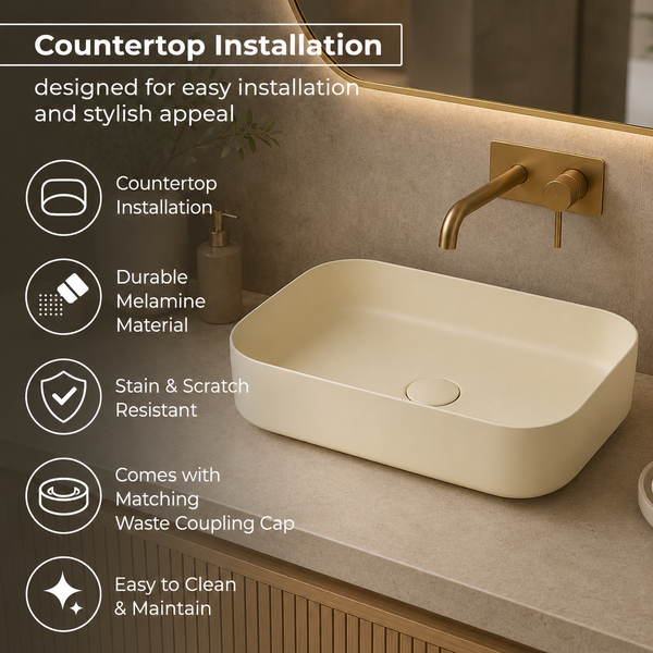 Bassino Modern Melamine Wash Basin | Stylish Countertop Wash Basin for Bathroom–400x320x110 mm Beige