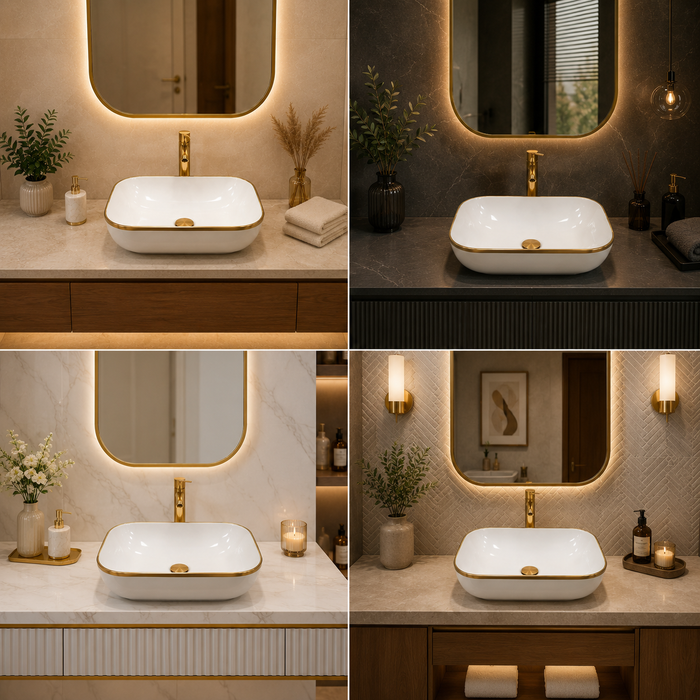 Bassino 18" White Ceramic Countertop Wash Basin with Gold Rim – Luxury Rectangular Vessel Sink (18" x 13" x 6")
