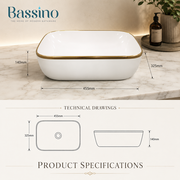 Bassino 18" White Ceramic Countertop Wash Basin with Gold Rim – Luxury Rectangular Vessel Sink (18" x 13" x 6")