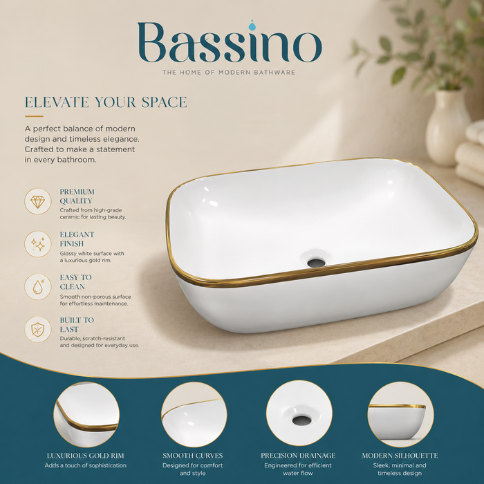 Bassino 18" White Ceramic Countertop Wash Basin with Gold Rim – Luxury Rectangular Vessel Sink (18" x 13" x 6")