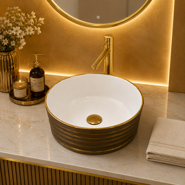 Bassino Luxury Round Countertop Wash Basin – Gold Ribbed Designer Vessel Sink (400 x 400 x 150 mm)