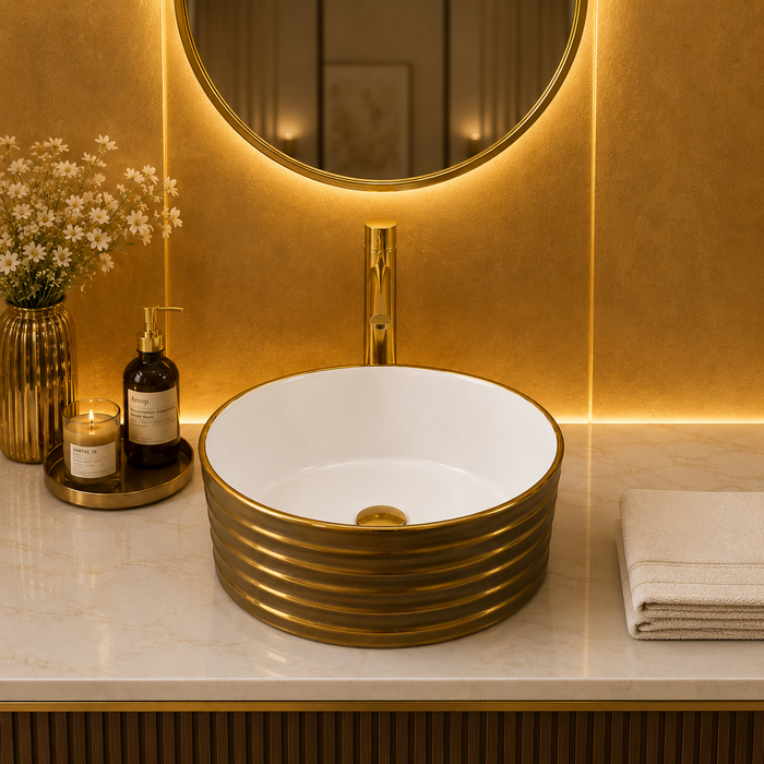 Bassino Luxury Round Countertop Wash Basin – Gold Ribbed Designer Vessel Sink (400 x 400 x 150 mm)