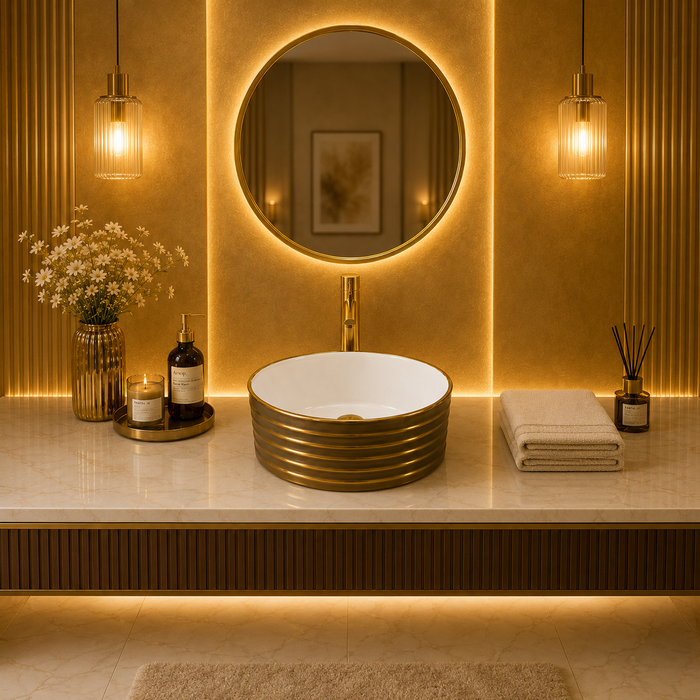 Bassino Luxury Round Countertop Wash Basin – Gold Ribbed Designer Vessel Sink (400 x 400 x 150 mm)