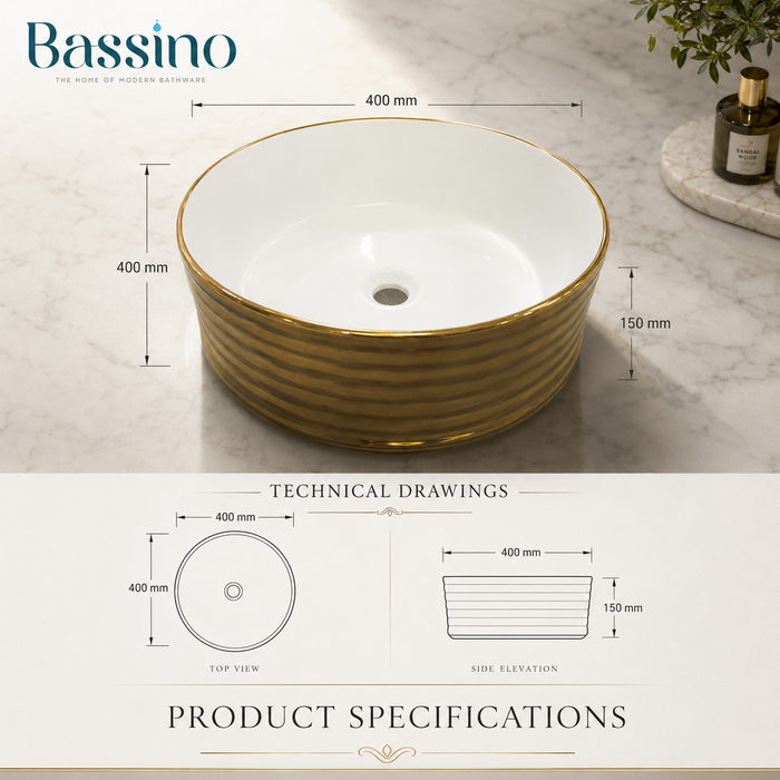 Bassino Luxury Round Countertop Wash Basin – Gold Ribbed Designer Vessel Sink (400 x 400 x 150 mm)