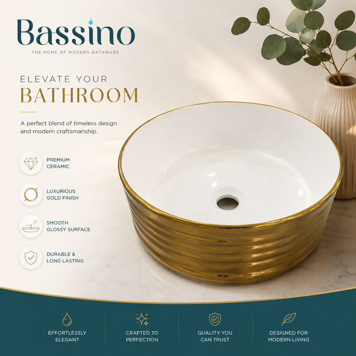 Bassino Luxury Round Countertop Wash Basin – Gold Ribbed Designer Vessel Sink (400 x 400 x 150 mm)