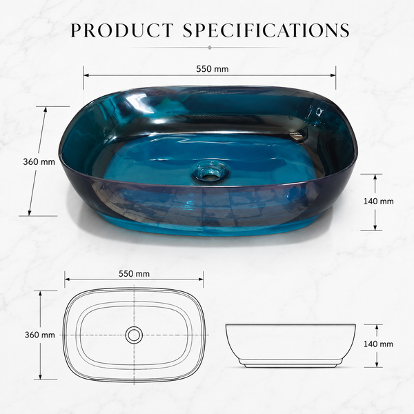 Bassino Modern Transparent Resin Wash Basin | Stylish Countertop Wash Basin for Bathroom–550x360x140 mm Blue
