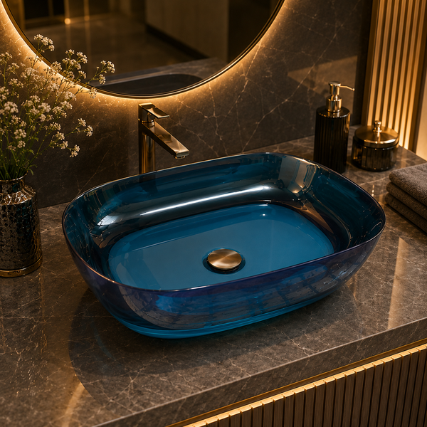 Bassino Modern Transparent Resin Wash Basin | Stylish Countertop Wash Basin for Bathroom–550x360x140 mm Blue