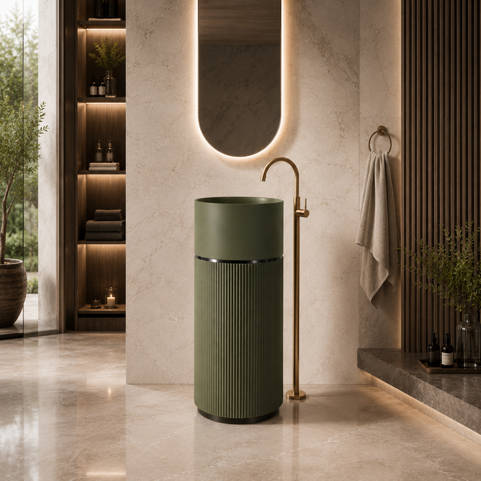 Luxury Artificial Pedestal Basin – Without Tap Hole | Designer Freestanding Wash Basin | 19" × 19" × 37" in Green