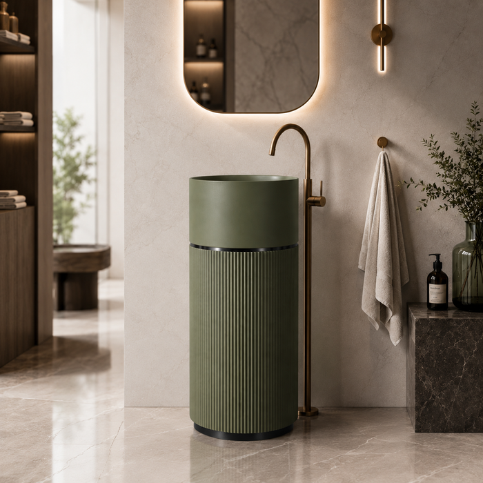 Luxury Artificial Pedestal Basin – Without Tap Hole | Designer Freestanding Wash Basin | 19" × 19" × 37" in Green