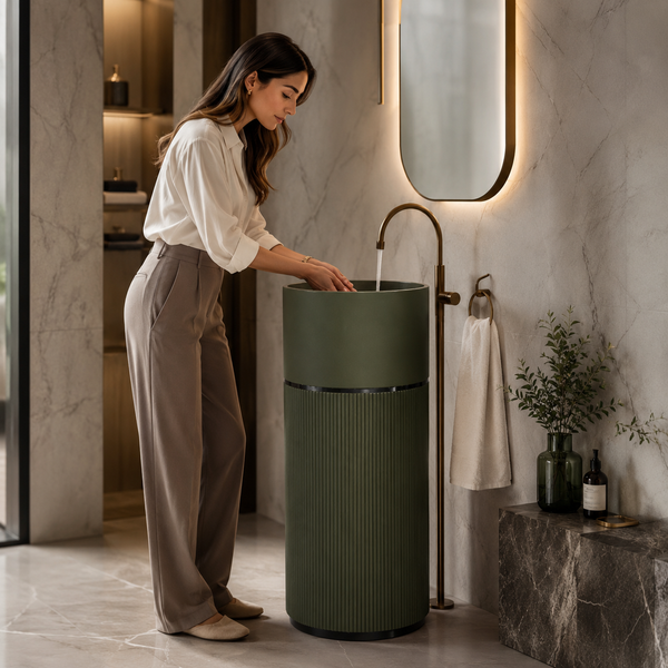 Luxury Artificial Pedestal Basin – Without Tap Hole | Designer Freestanding Wash Basin | 19" × 19" × 37" in Green