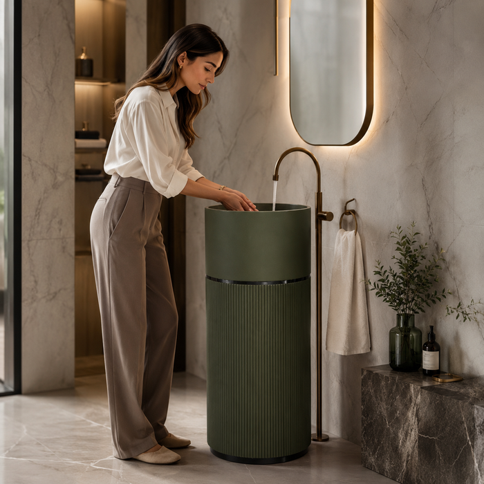 Luxury Artificial Pedestal Basin – Without Tap Hole | Designer Freestanding Wash Basin | 19" × 19" × 37" in Green