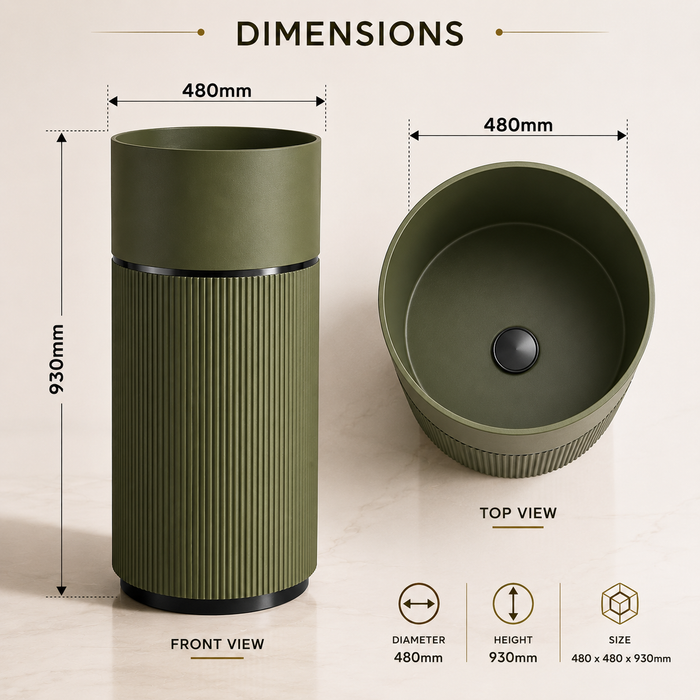 Luxury Artificial Pedestal Basin – Without Tap Hole | Designer Freestanding Wash Basin | 19" × 19" × 37" in Green