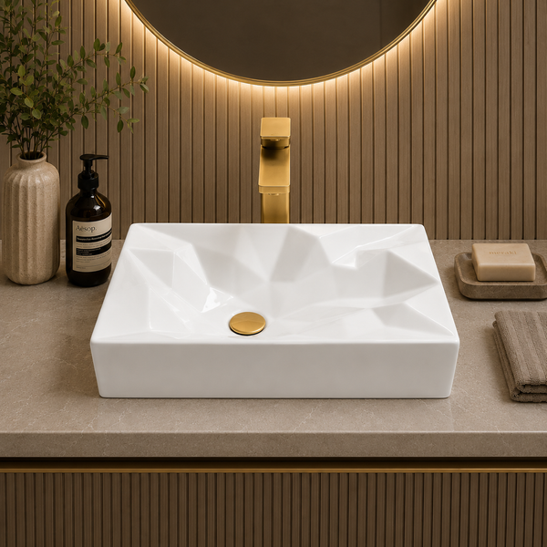 Bassino Rectangular Geometric Table Top Wash Basin | Premium Countertop Ceramic Bathroom Sink | 22 x 14 x 5 Inch